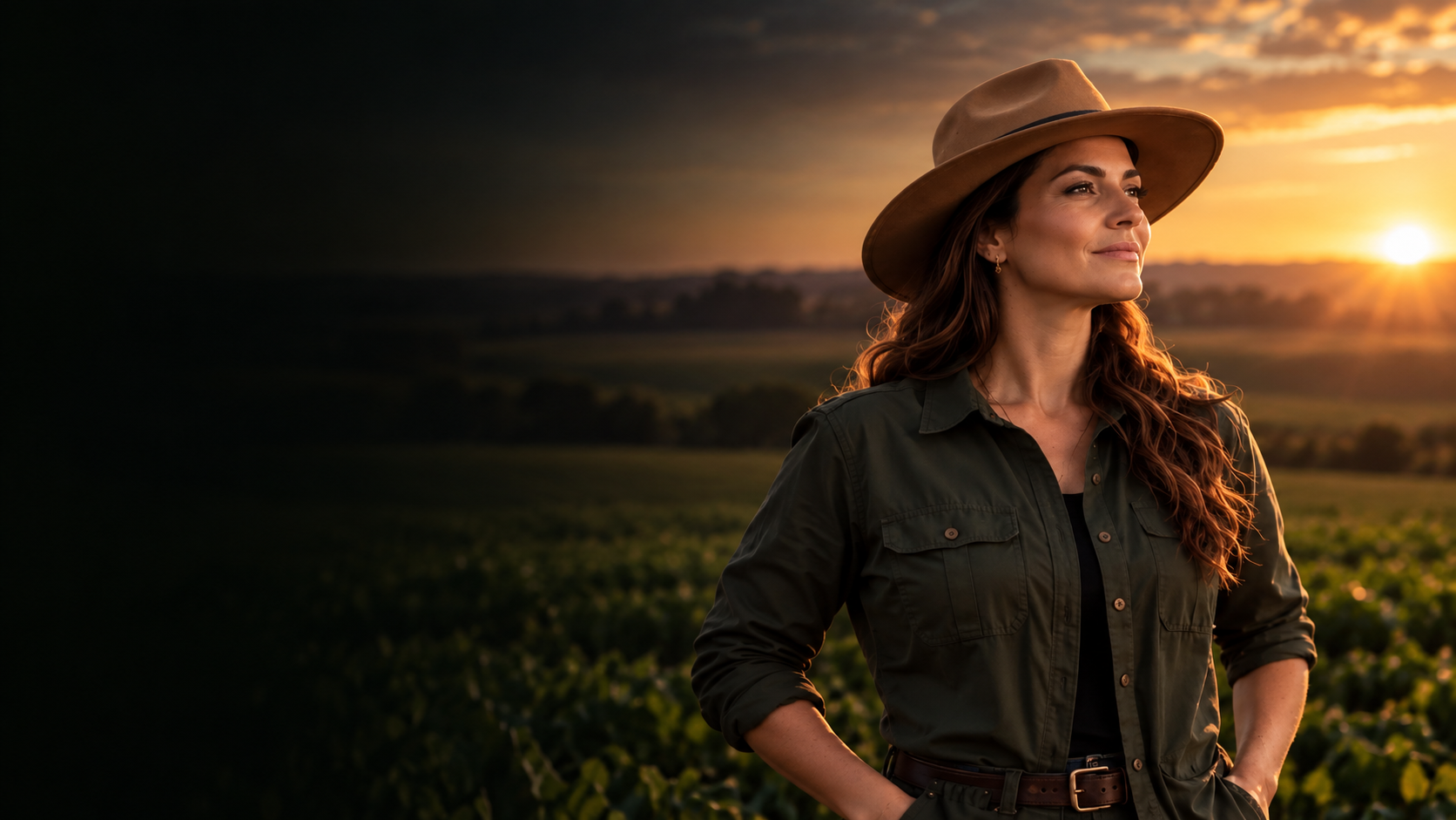 Associada AgroMulher em cenário rural ao pôr do sol